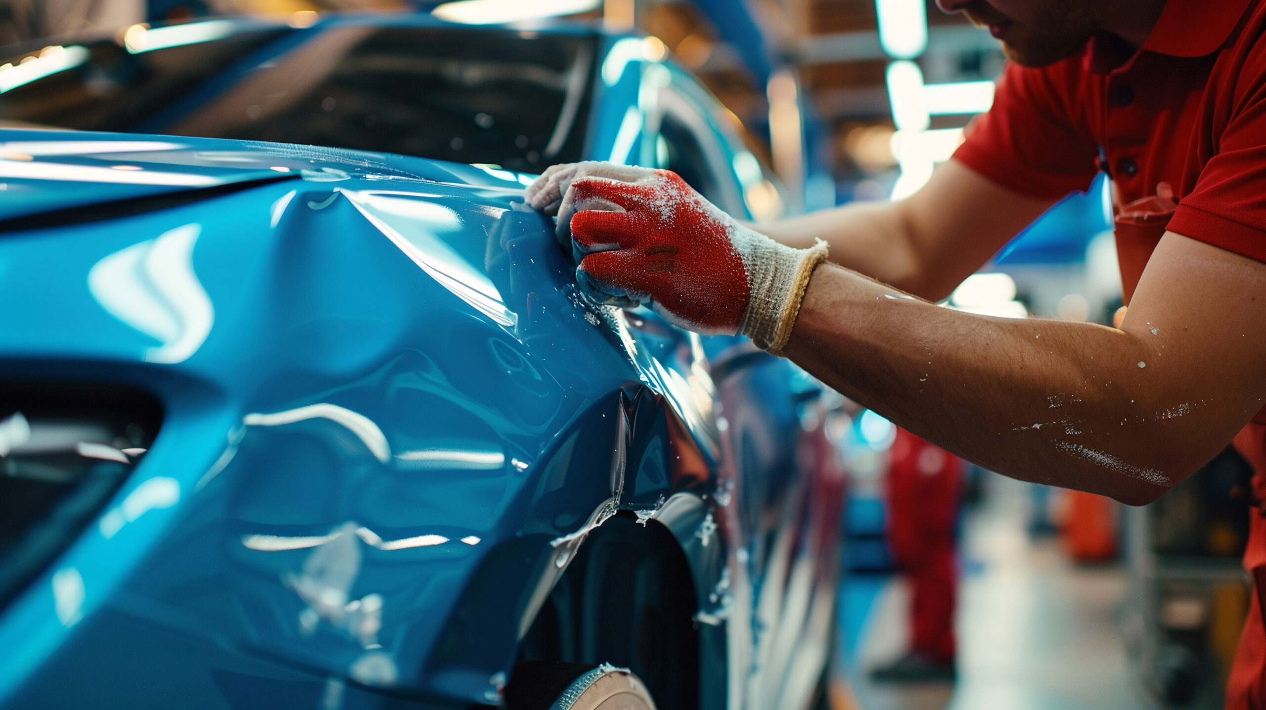 Car after traffic collision. Mechanic is trying to fix damaged car in car service center. Close-up photo of damaged area of the car